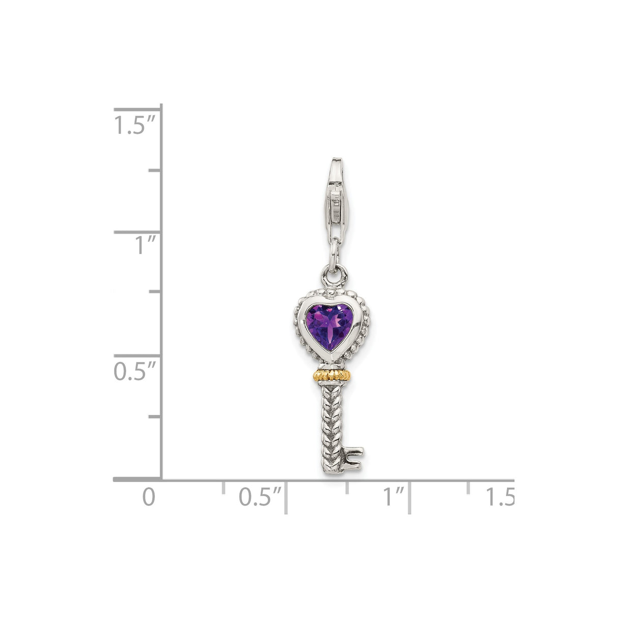 14k Multi-Tone Gold and Sterling Silver Heart Key Pendant with Amethyst