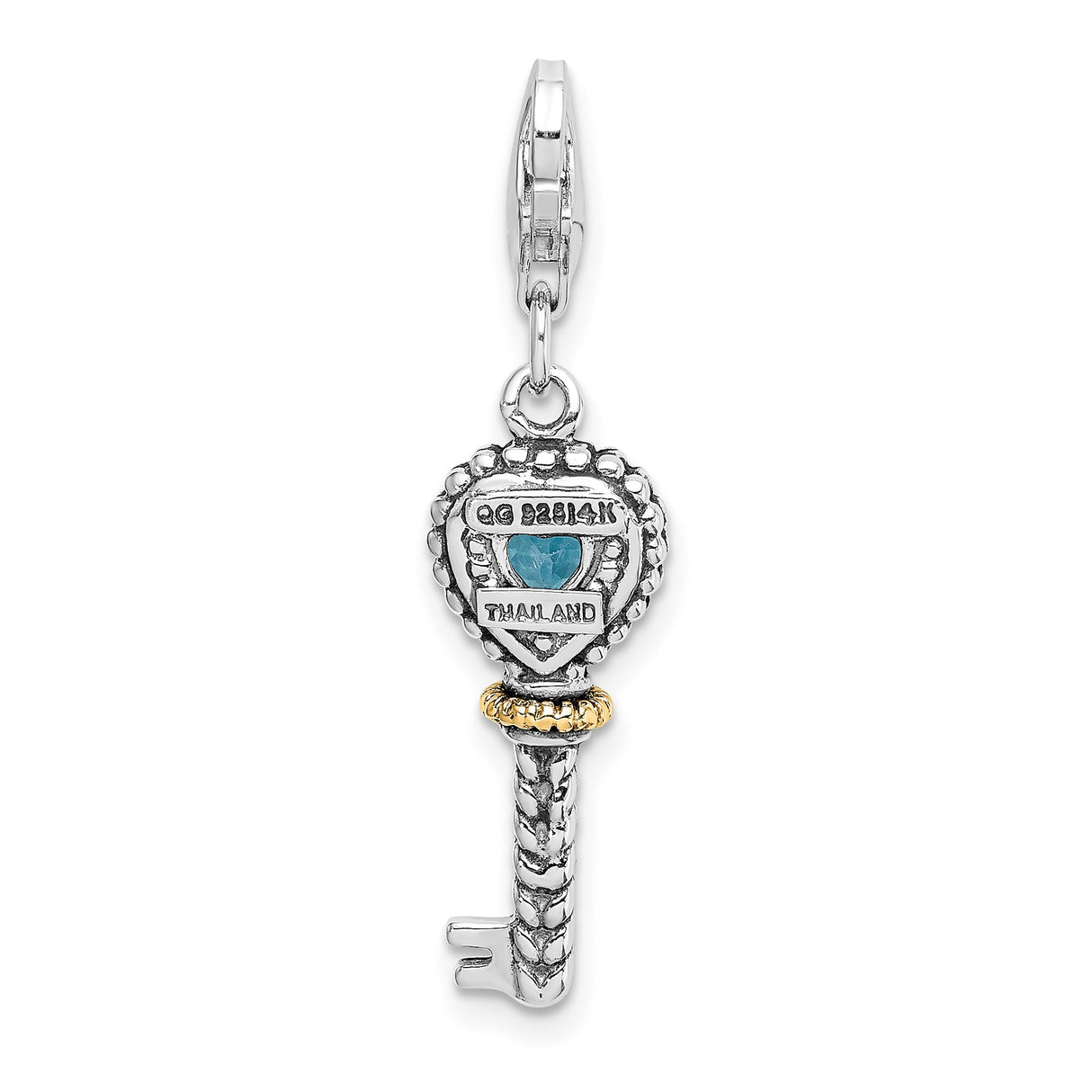 14k Gold and Sterling Silver Key Pendant with Heart-Shaped Swiss Blue Topaz, Braided Love Design
