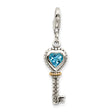 14k Gold and Sterling Silver Key Pendant with Heart-Shaped Swiss Blue Topaz, Braided Love Design