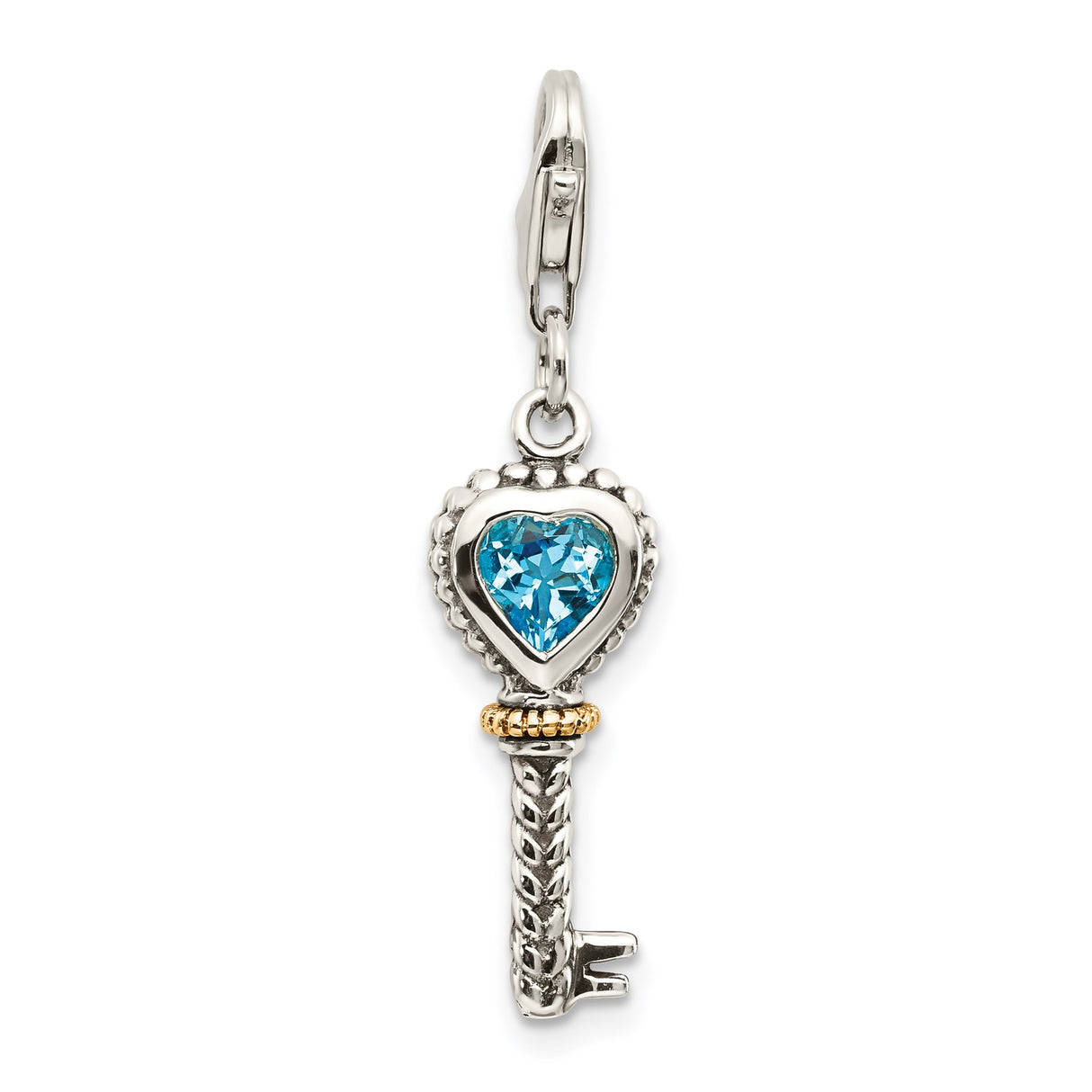 14k Gold and Sterling Silver Key Pendant with Heart-Shaped Swiss Blue Topaz, Braided Love Design