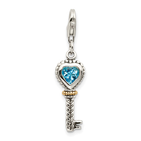 14k Gold and Sterling Silver Key Pendant with Heart-Shaped Swiss Blue Topaz, Braided Love Design
