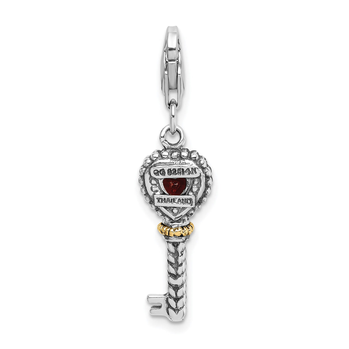 14k Two-Tone Gold and Sterling Silver Heart Key Charm with Garnet