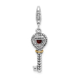 14k Two-Tone Gold and Sterling Silver Heart Key Charm with Garnet