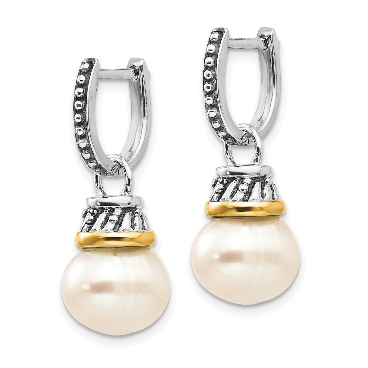 14k Two-Tone Yellow Gold Drop Earrings with Diamond and White Freshwater Pearls, Ornate Design