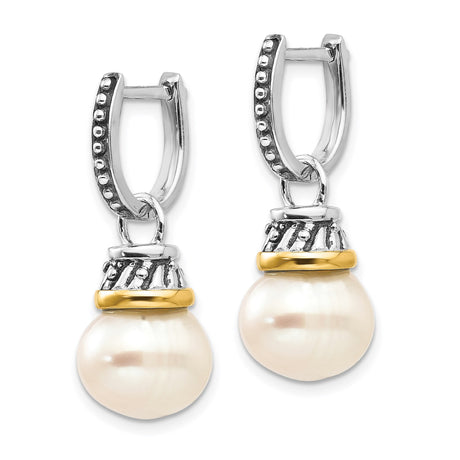 14k Two-Tone Yellow Gold Drop Earrings with Diamond and White Freshwater Pearls, Ornate Design