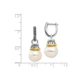 14k Two-Tone Yellow Gold Drop Earrings with Diamond and White Freshwater Pearls, Ornate Design