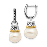 14k Yellow Gold and Sterling Silver Drop Earrings with Diamond and White Freshwater Pearls, Ornate Design