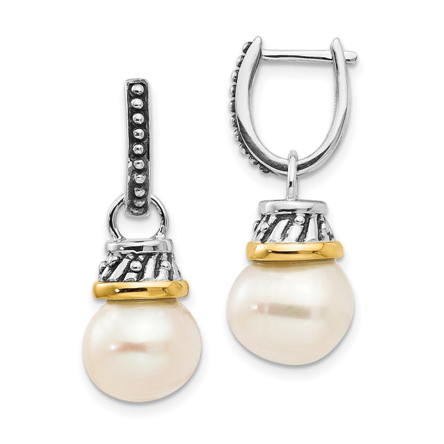 14k Yellow Gold and Sterling Silver Drop Earrings with Diamond and White Freshwater Pearls, Ornate Design