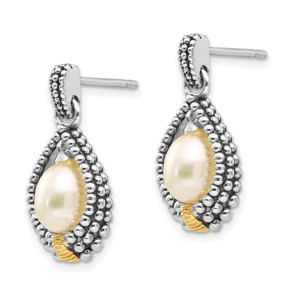 14k Yellow Gold and Sterling Silver Drop Earrings with Oval Pearl Teardrop Design
