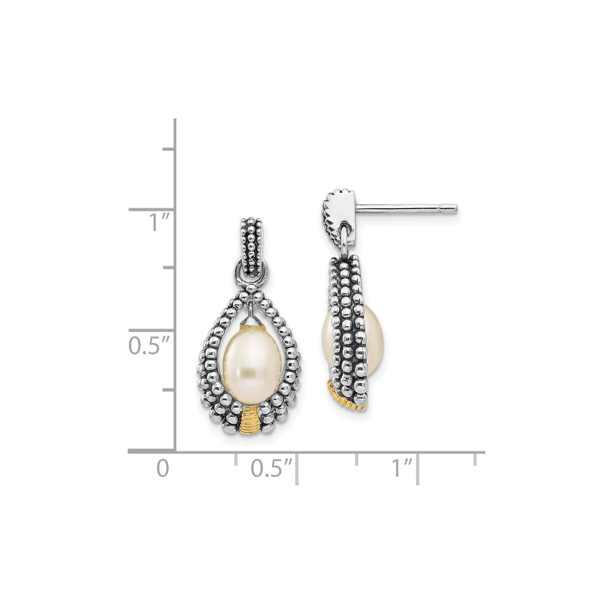 14k Yellow Gold and Sterling Silver Drop Earrings with Oval Pearl Teardrop Design