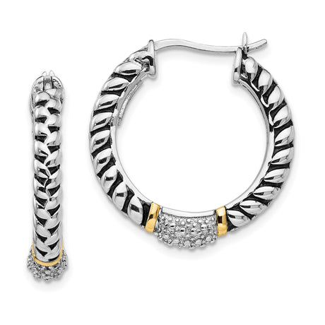 14k Yellow Gold Hoop Earrings with Diamond Pavé, Two-Tone Curb Chain Design for Women