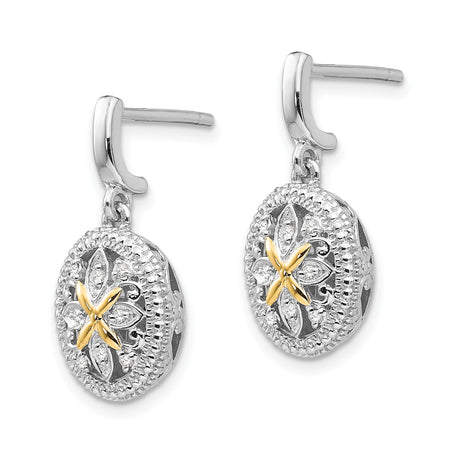 14k Yellow Gold and Sterling Silver Drop Earrings with Diamond, Floral Filigree Vintage Design