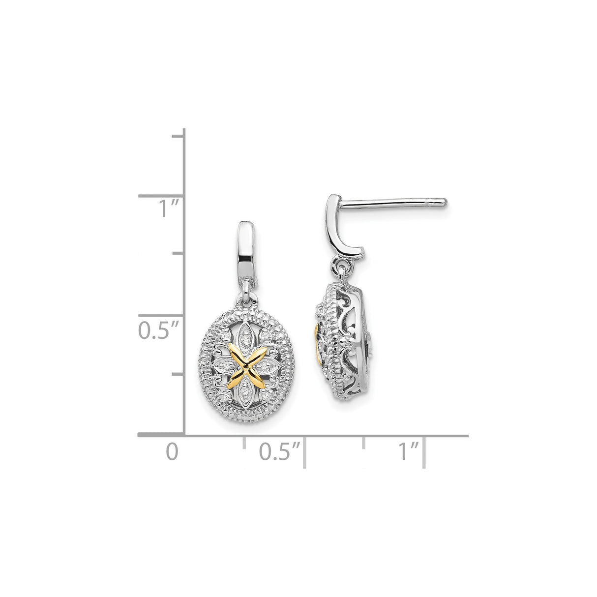 14k Yellow Gold and Sterling Silver Drop Earrings with Diamond, Floral Filigree Vintage Design