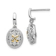 14k Yellow Gold and Sterling Silver Drop Earrings with Diamond, Floral Filigree Vintage Design