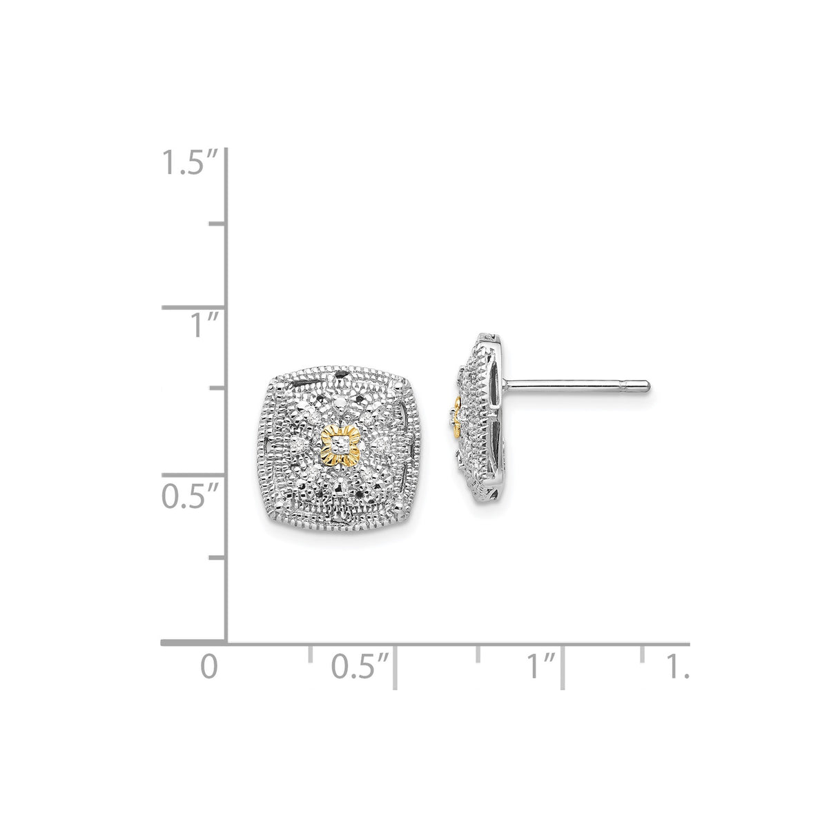 14k Yellow Gold Stud Earrings with Diamond, Two-Tone Square Floral Design, Milgrain Accents
