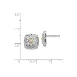 14k Yellow Gold Stud Earrings with Diamond, Two-Tone Square Floral Design, Milgrain Accents