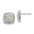 14k Yellow Gold Stud Earrings with Diamond, Two-Tone Square Floral Design, Milgrain Accents