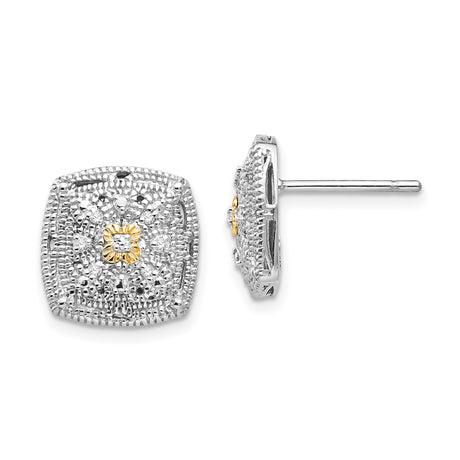 Two-Tone Square Stud Earrings for Women in 14k Gold and Silver with Vintage Floral Motif, Milgrain Texture, Mixed Metal Accents, Classic Design for Formal Wear, Elegant Everyday Sparkle Jewelry