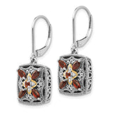 14k Yellow Gold and Sterling Silver Dangle Earrings with Garnet and Diamond, Floral Filigree Design