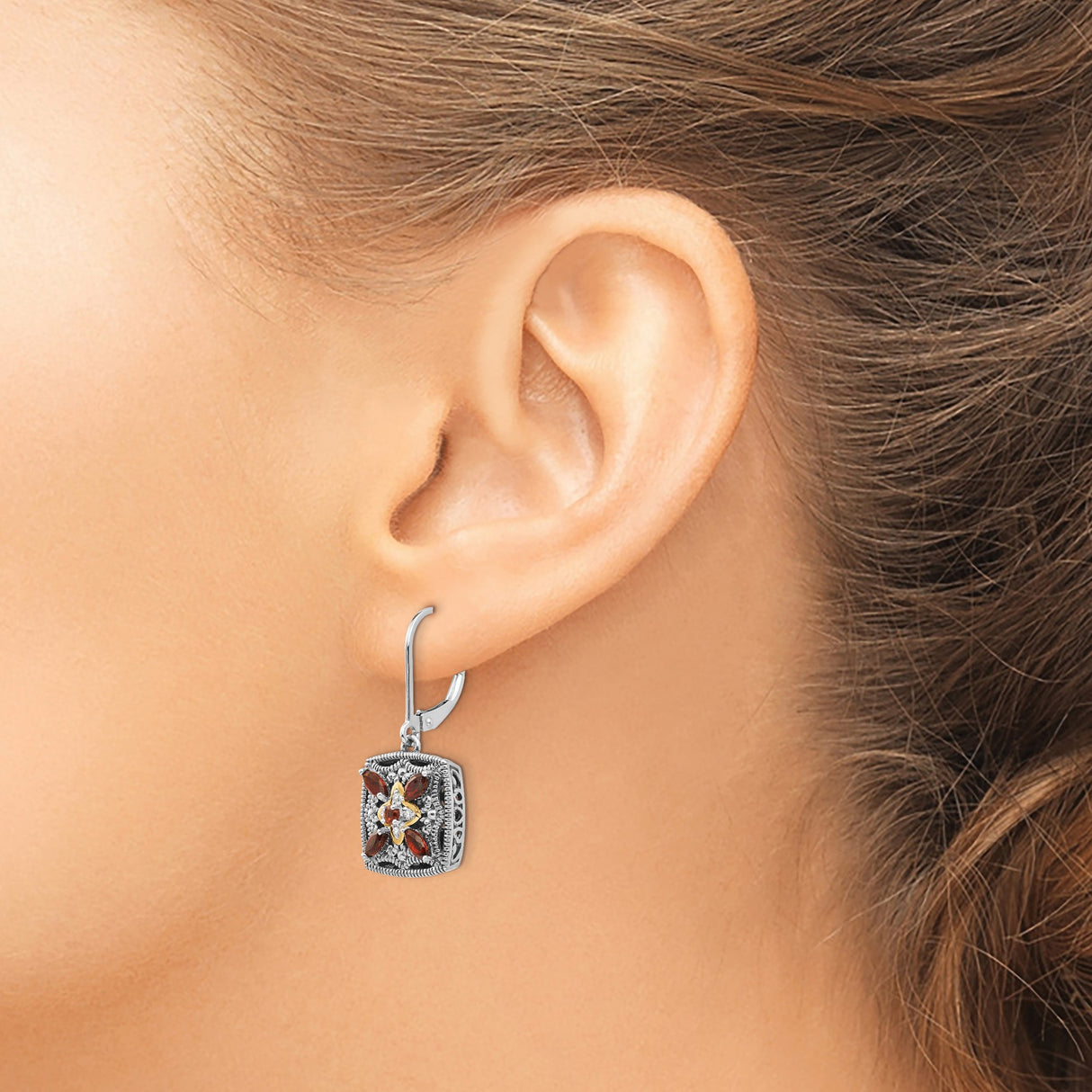 14k Yellow Gold and Sterling Silver Dangle Earrings with Garnet and Diamond, Floral Filigree Design