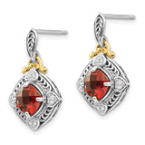 14k Two-Tone Yellow Gold Dangle Earrings with Garnet and Diamond, Heart Motif, Vintage Scrollwork