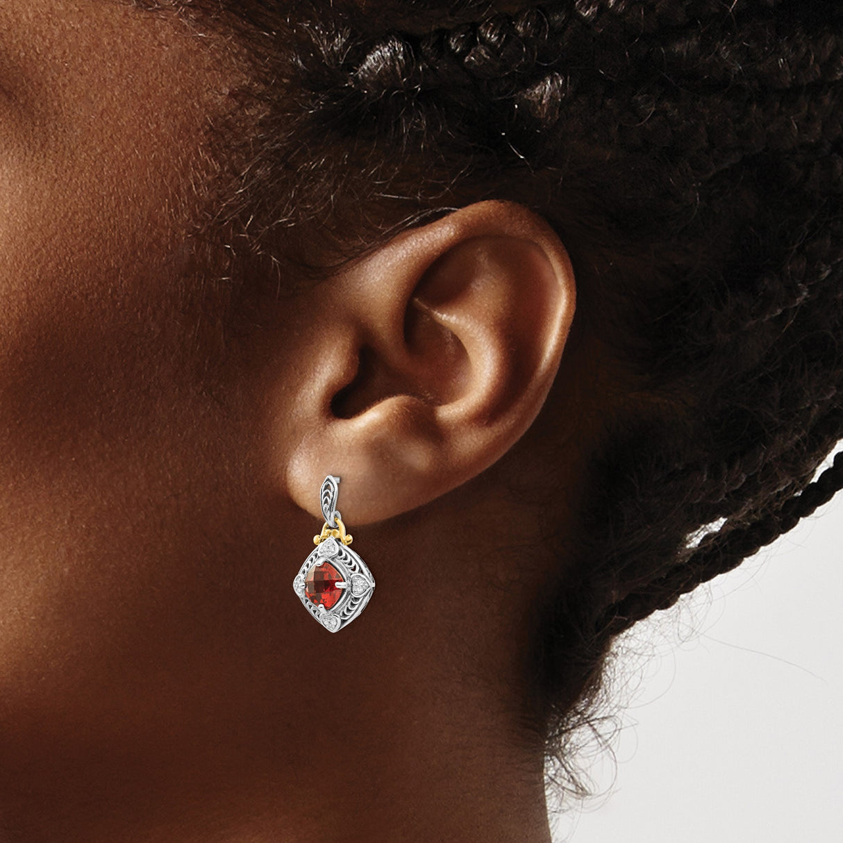 14k Two-Tone Yellow Gold Dangle Earrings with Garnet and Diamond, Heart Motif, Vintage Scrollwork