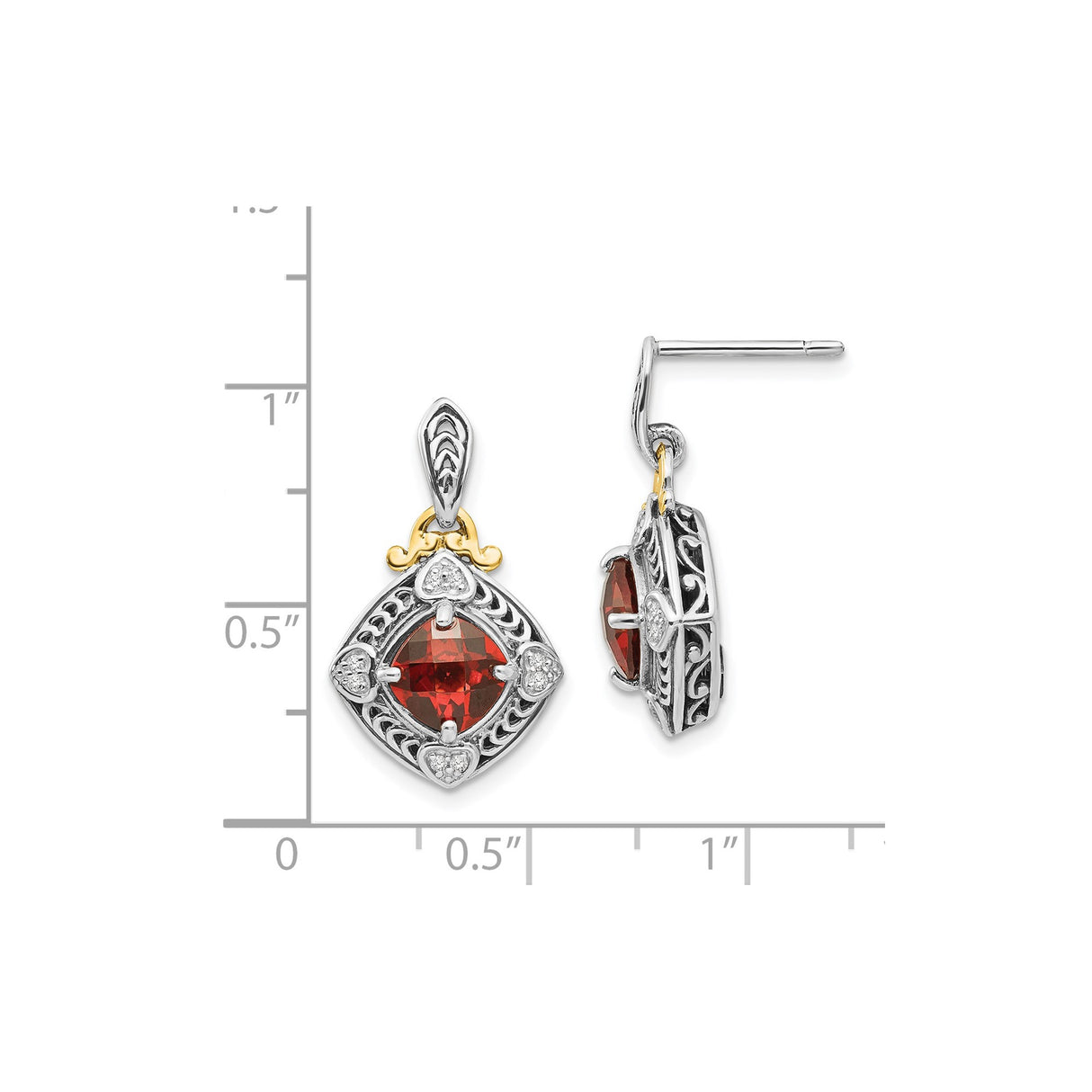 14k Two-Tone Yellow Gold Dangle Earrings with Garnet and Diamond, Heart Motif, Vintage Scrollwork