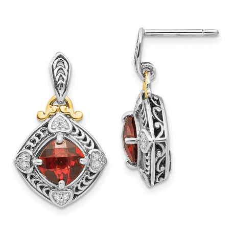 14k Yellow Gold and Sterling Silver Dangle Earrings with Garnet and Diamond, Heart Motif, Vintage Scrollwork