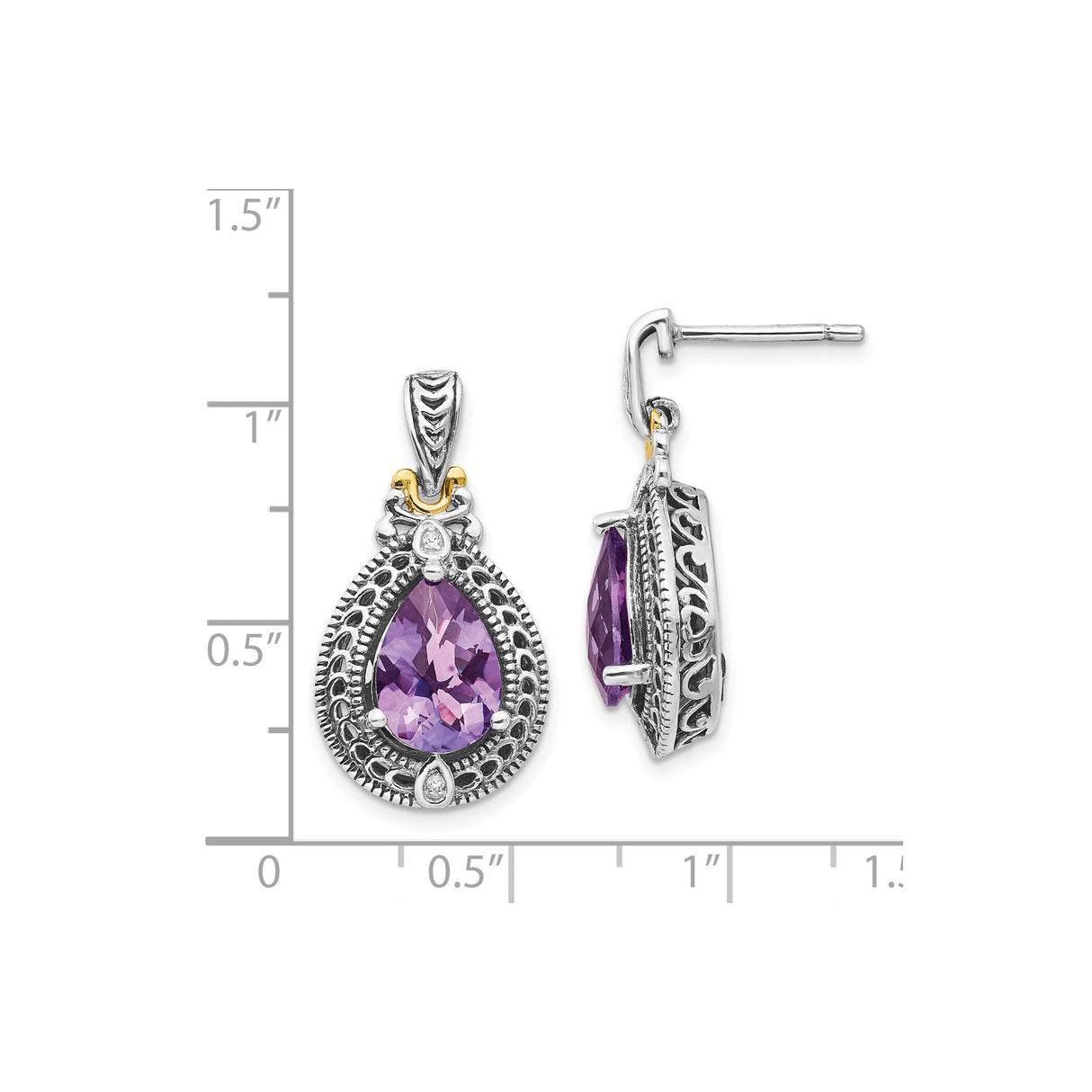 14k Yellow Gold and Sterling Silver Dangle Earrings with Amethyst and Diamond, Filigree Vintage Style