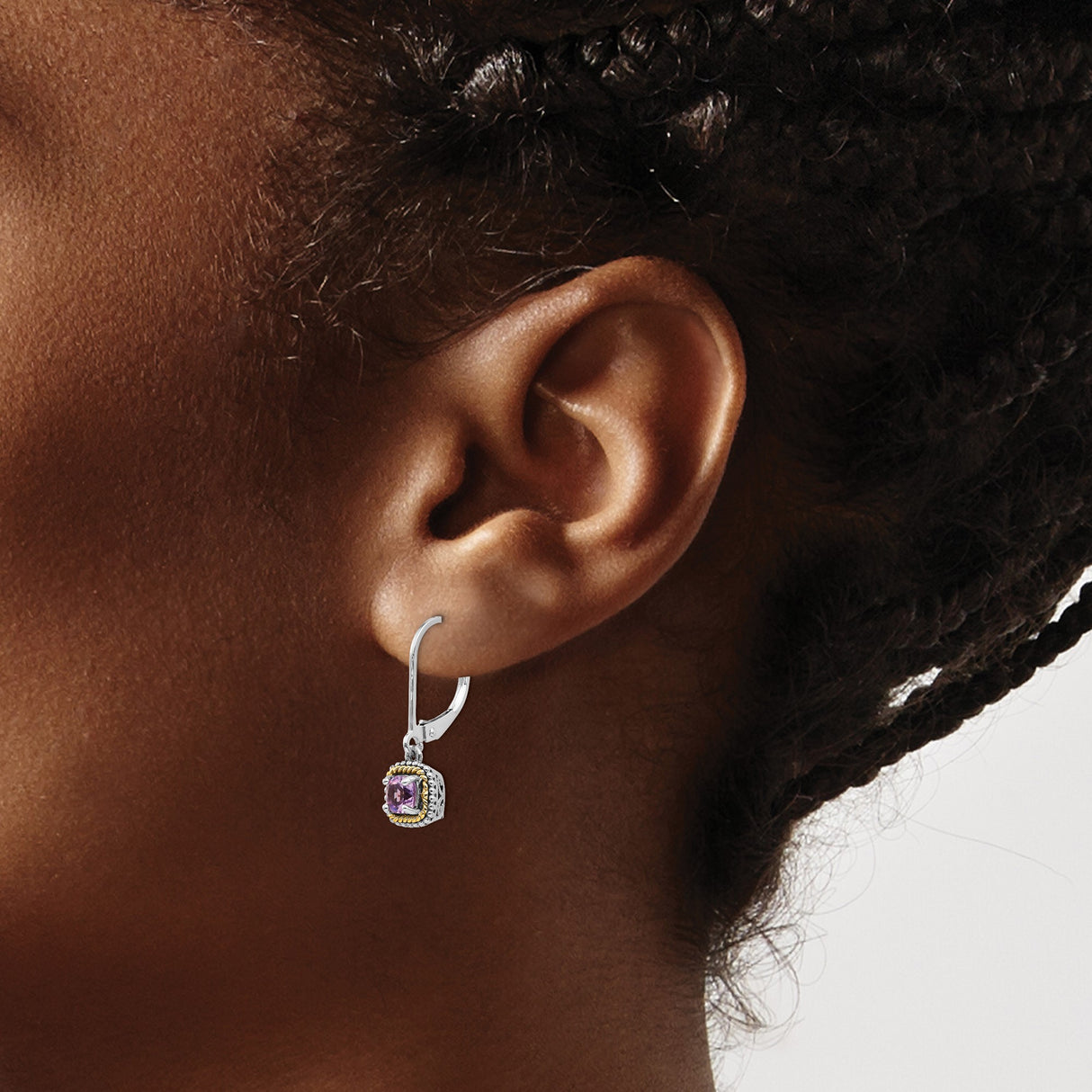 14k Yellow Gold Dangle Earrings with Amethyst Cushion Cut Gemstones, Vintage Style Leverbacks