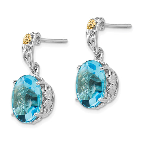 14k Yellow Gold Earrings with Oval Sky Blue Topaz, Floral Filigree, Two-Tone Garden-Inspired Design