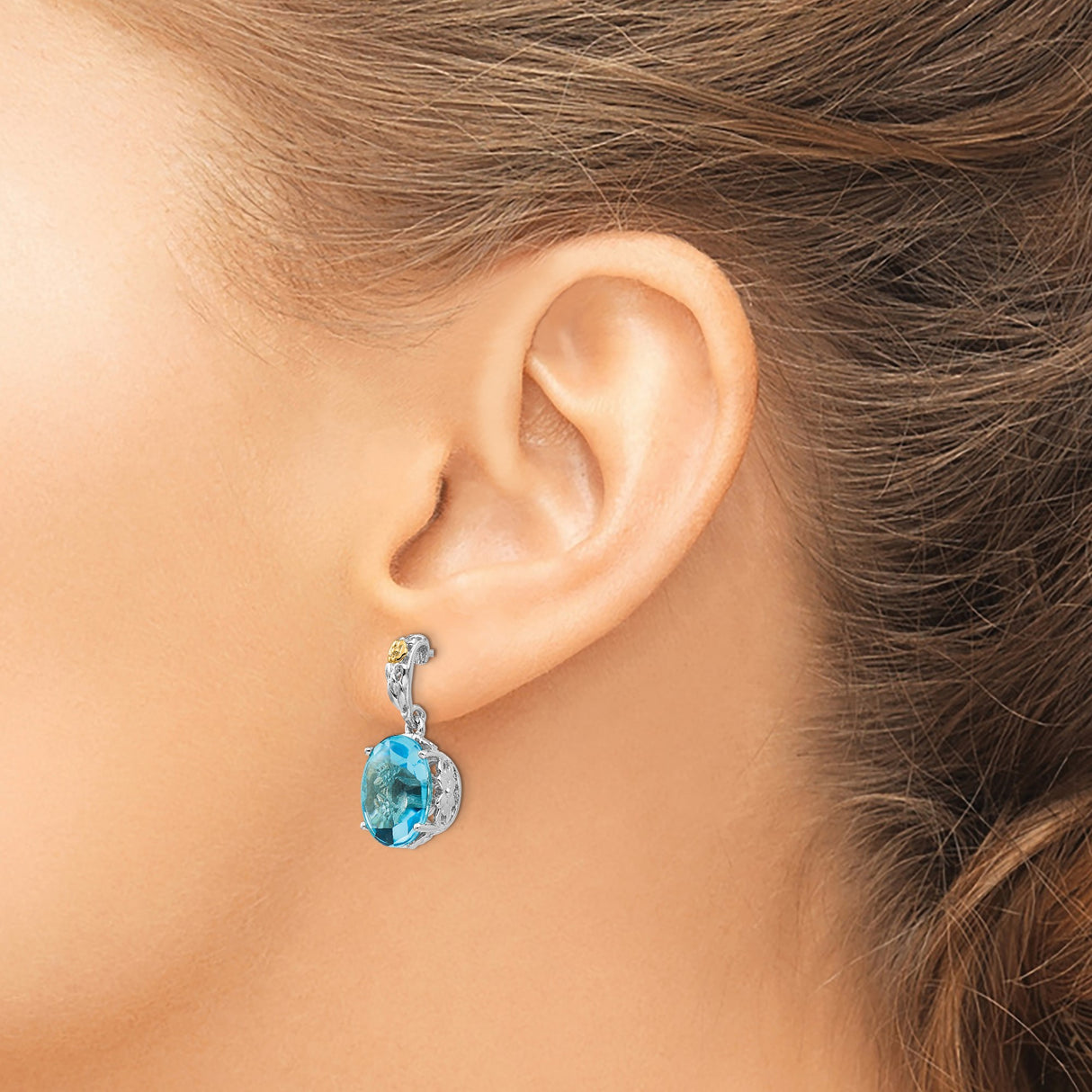 14k Yellow Gold Earrings with Oval Sky Blue Topaz, Floral Filigree, Two-Tone Garden-Inspired Design