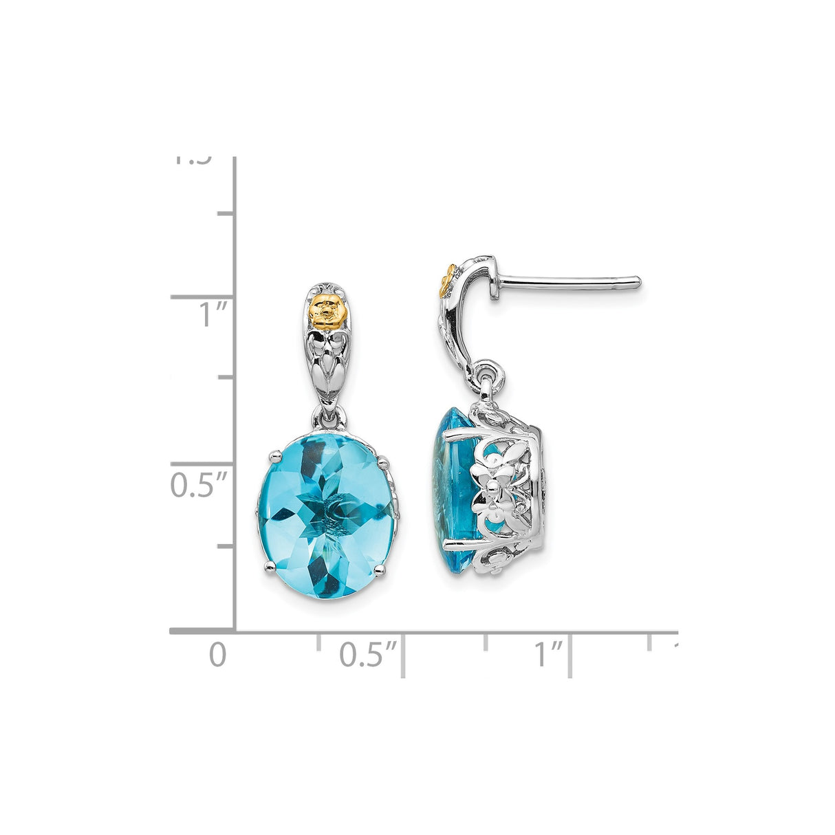14k Yellow Gold Earrings with Oval Sky Blue Topaz, Floral Filigree, Two-Tone Garden-Inspired Design