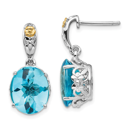 14k Yellow Gold Earrings with Oval Sky Blue Topaz, Floral Filigree, Two-Tone Garden-Inspired Design