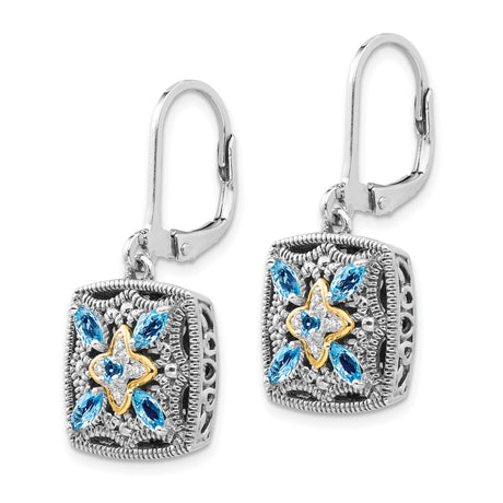 14k Yellow Gold and Sterling Silver Dangle Earrings with Swiss Blue Topaz, Vintage Floral Motif
