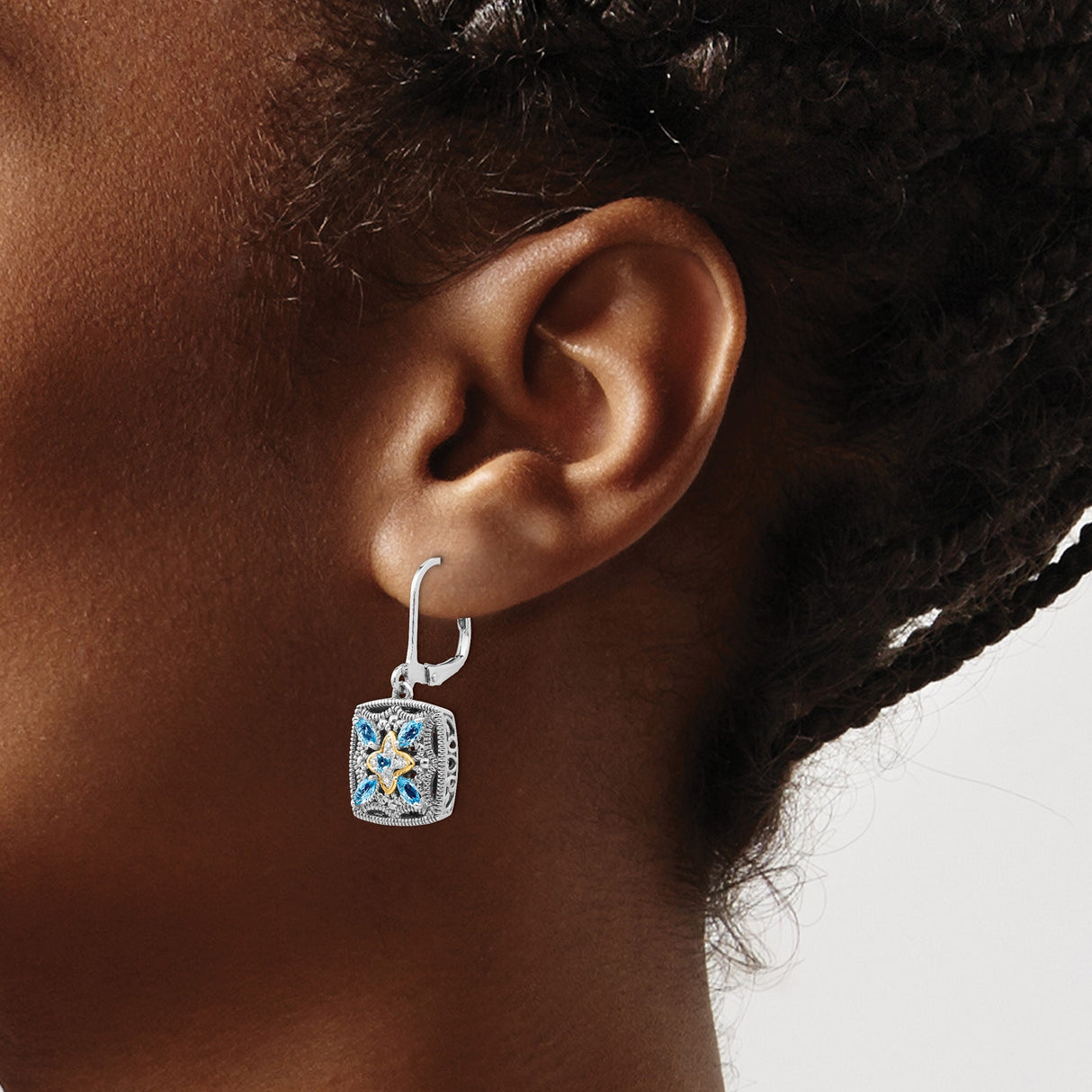 14k Two-Tone Yellow Gold Dangle Earrings with Swiss Blue Topaz, Vintage Floral Motif