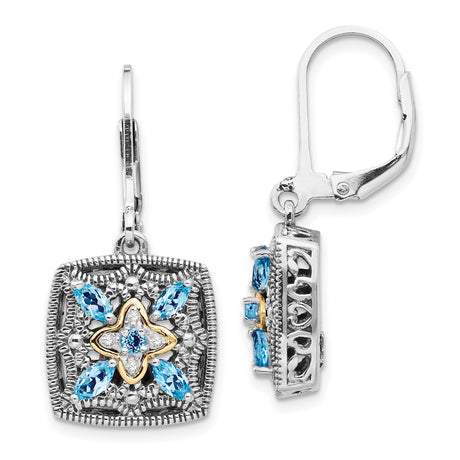 14k Yellow Gold and Sterling Silver Dangle Earrings with Swiss Blue Topaz, Vintage Floral Motif