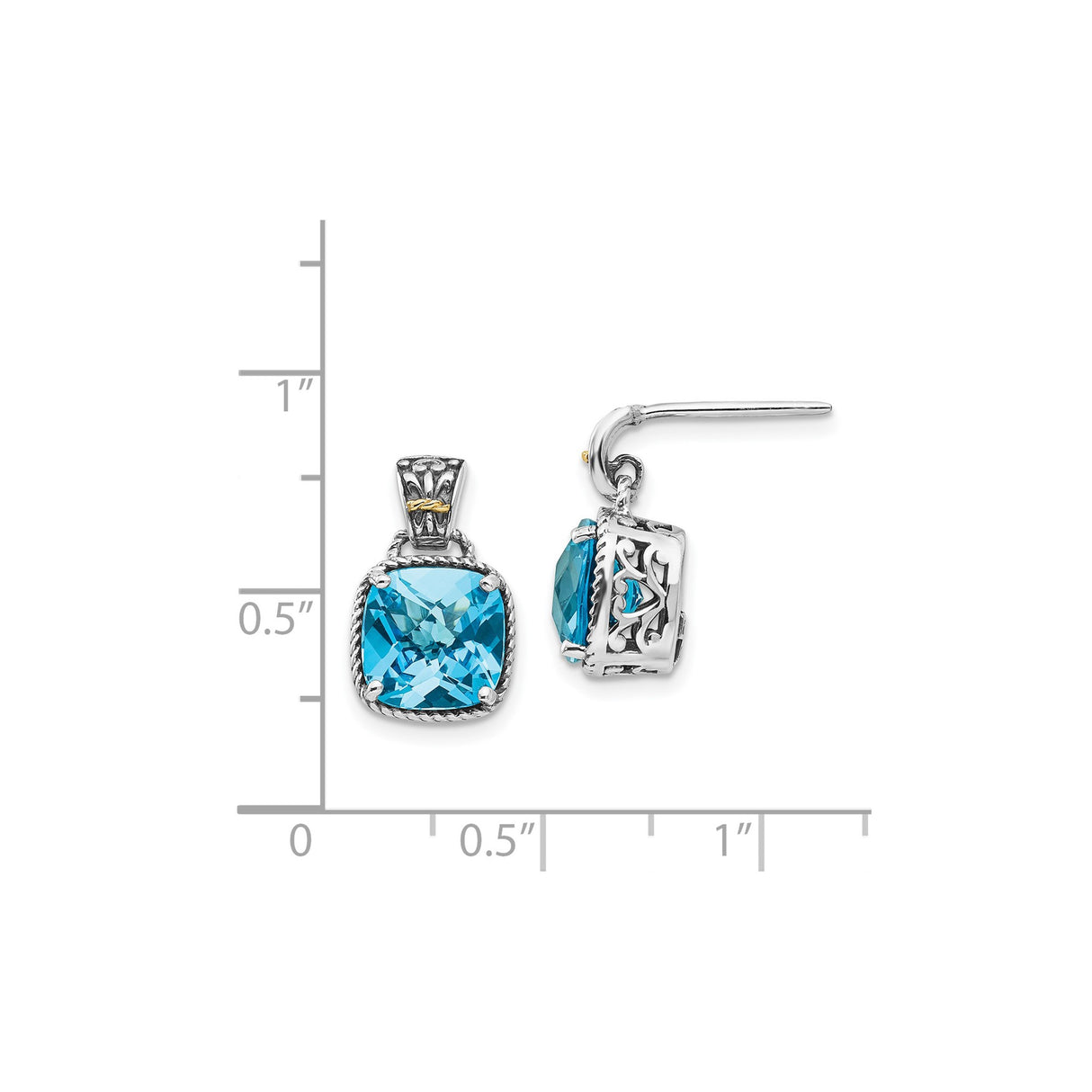 Sterling Silver Dangle Earrings with Sky Blue Topaz, 14k Gold Accents, Filigree Heart Scroll Design