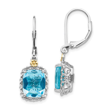 14k Yellow Gold Dangle Earrings with Sky Blue Topaz, Two-Tone Filigree Vintage Design