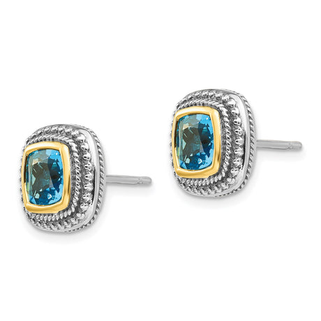 14k Yellow Gold and Sterling Silver Cushion Cut Swiss Blue Topaz Stud Earrings, Vintage Beaded Design