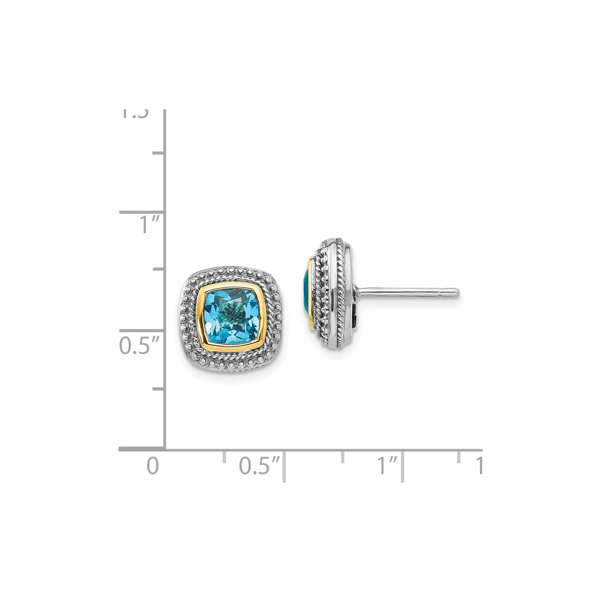14k Yellow Gold and Sterling Silver Cushion Cut Swiss Blue Topaz Stud Earrings, Vintage Beaded Design