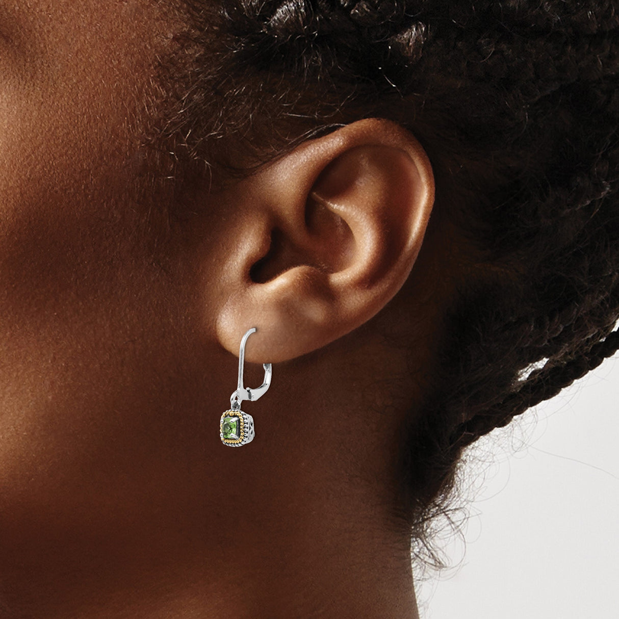 14k Yellow Gold and Sterling Silver Dangle Earrings with Peridot, Twisted Rope Border, Leverback Style