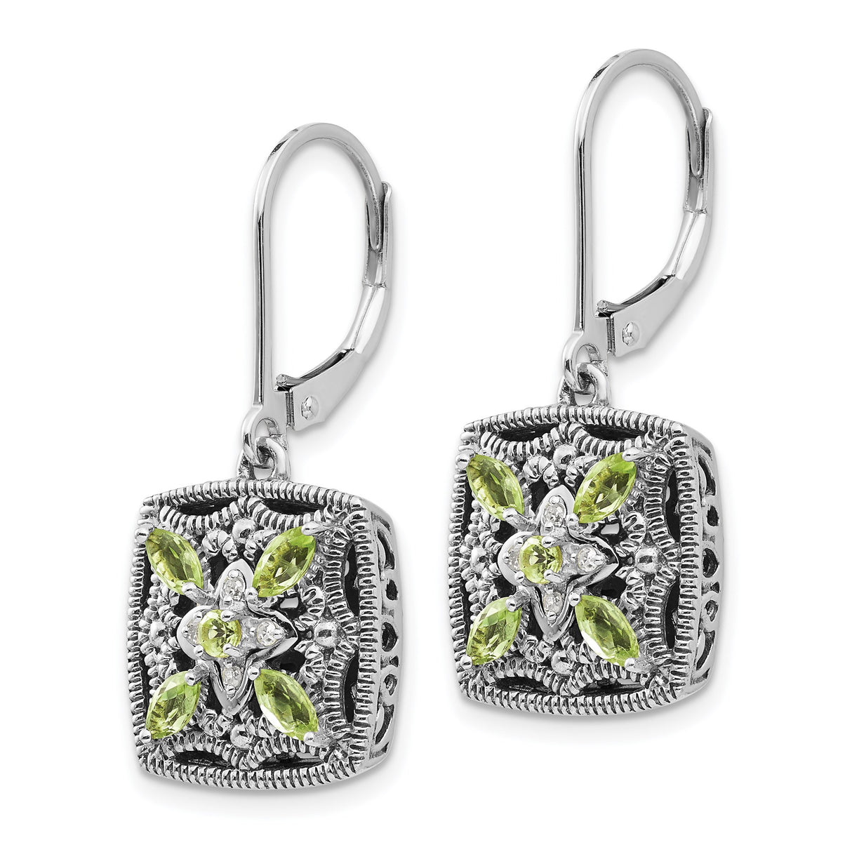 14k Yellow Gold Dangle Earrings with Peridot and Diamond, Floral Filigree Vintage Style