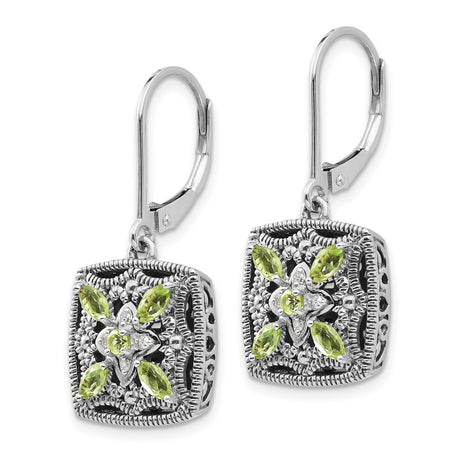 14k Yellow Gold Dangle Earrings with Peridot and Diamond, Floral Filigree Vintage Style