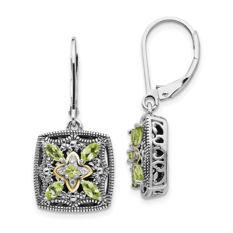 14k Yellow Gold Dangle Earrings with Peridot and Diamond, Floral Filigree Vintage Style