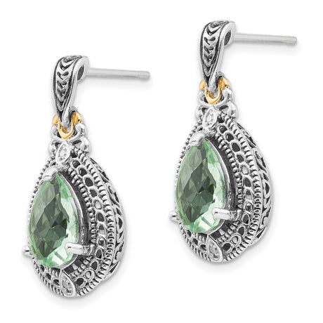14k Yellow Gold Two Tone Dangle Earrings with Prasiolite and Diamond, Vintage Filigree Scrollwork Design