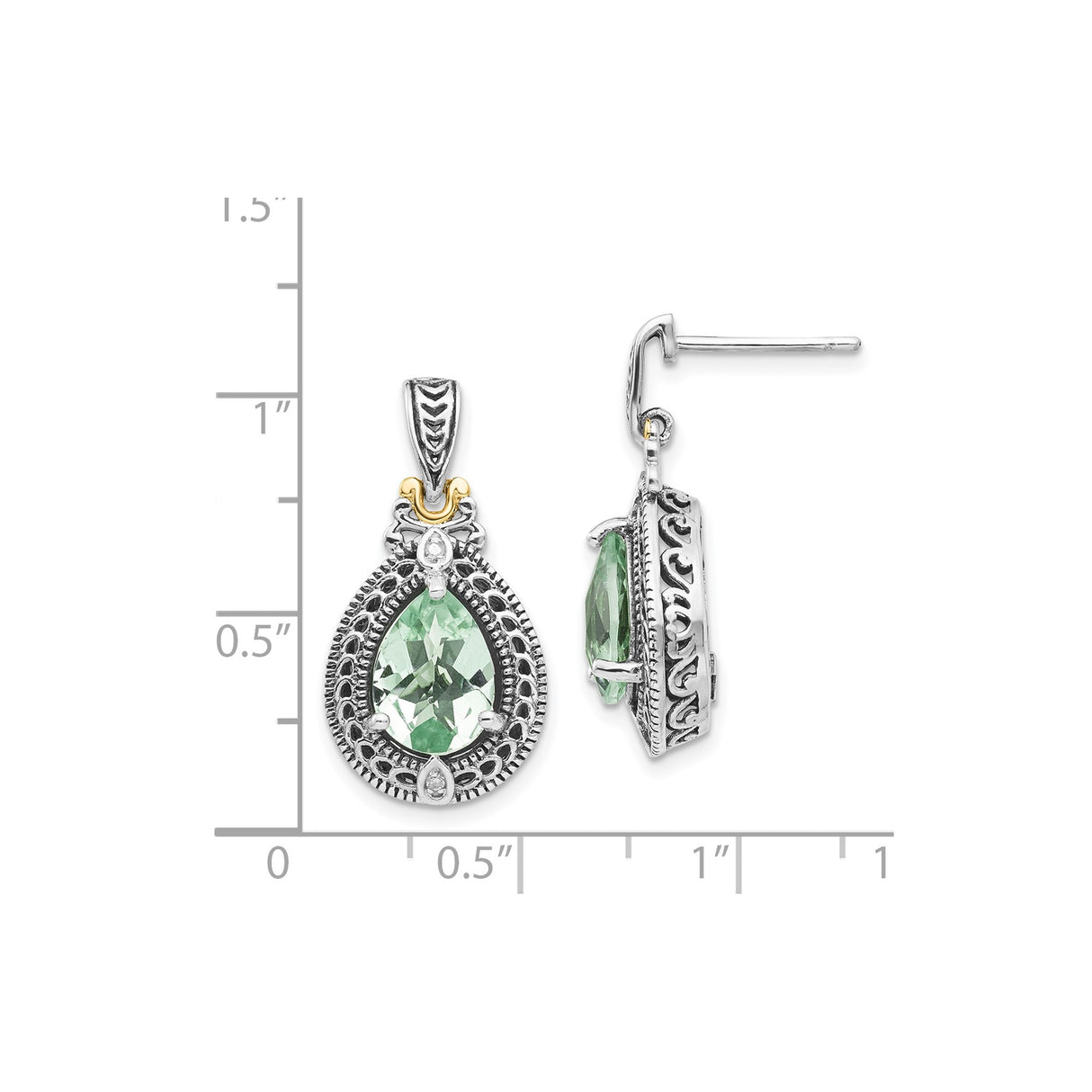 14k Yellow Gold Two Tone Dangle Earrings with Prasiolite and Diamond, Vintage Filigree Scrollwork Design