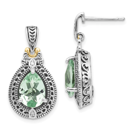 14k Yellow Gold Two Tone Dangle Earrings with Prasiolite and Diamond, Vintage Filigree Scrollwork Design