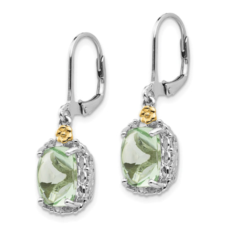 14k Two-Tone Yellow Gold Dangle Earrings with Prasiolite, Vintage Filigree Leverback Design