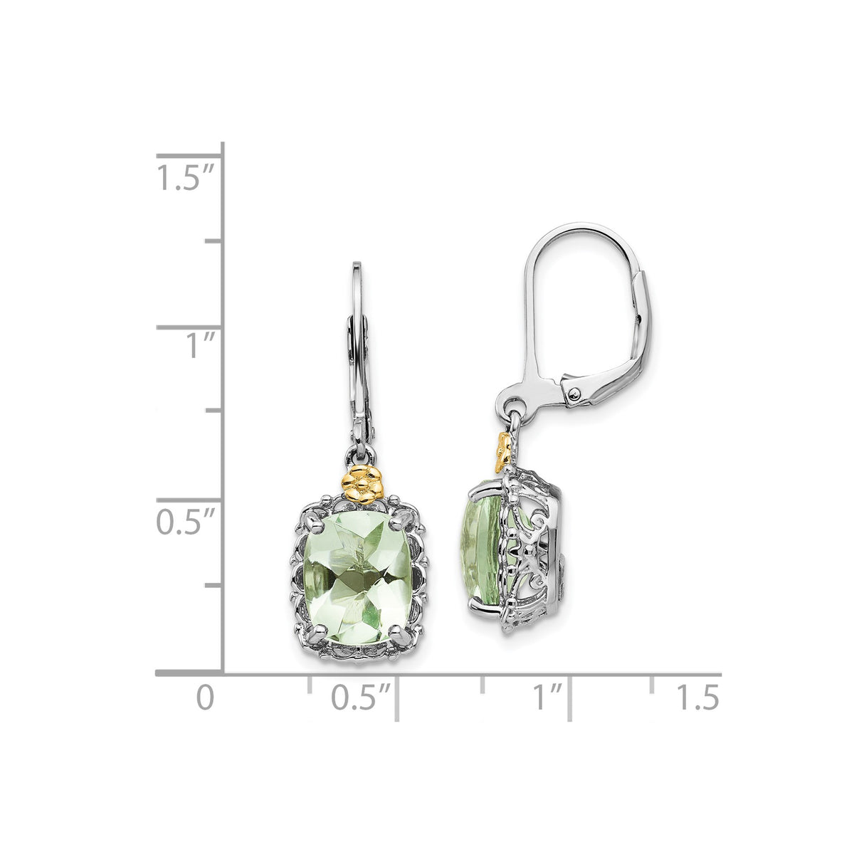 14k Two-Tone Yellow Gold Dangle Earrings with Prasiolite, Vintage Filigree Leverback Design